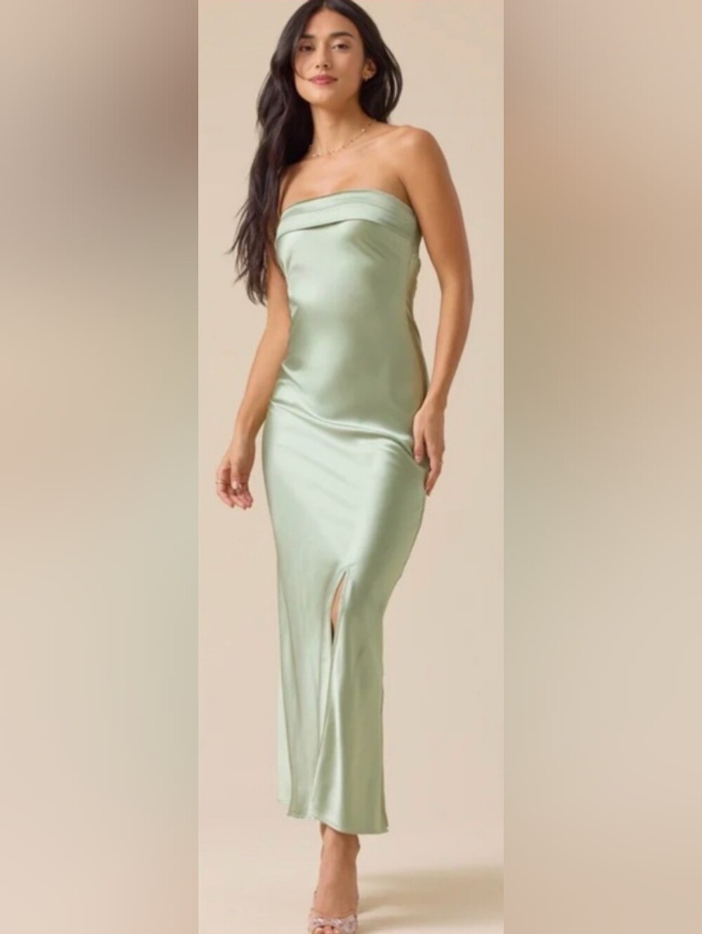Strapless Sage  Green Satin Slip Dress